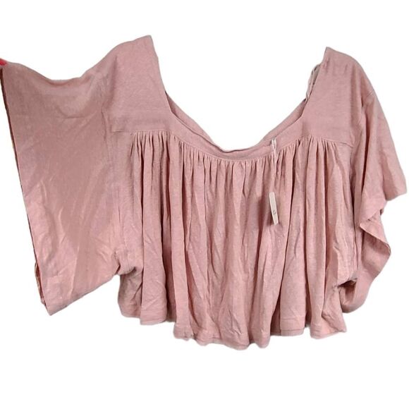 Free People NWT Pink Linen Oversized Tee Strawberry Crop Top Bow Tie Back Blouse - Picture 1 of 12